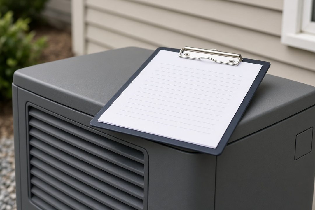 A clipboard with a blank lined form resting on the lid of a gray standby generator beside a house, in Waukee, Iowa