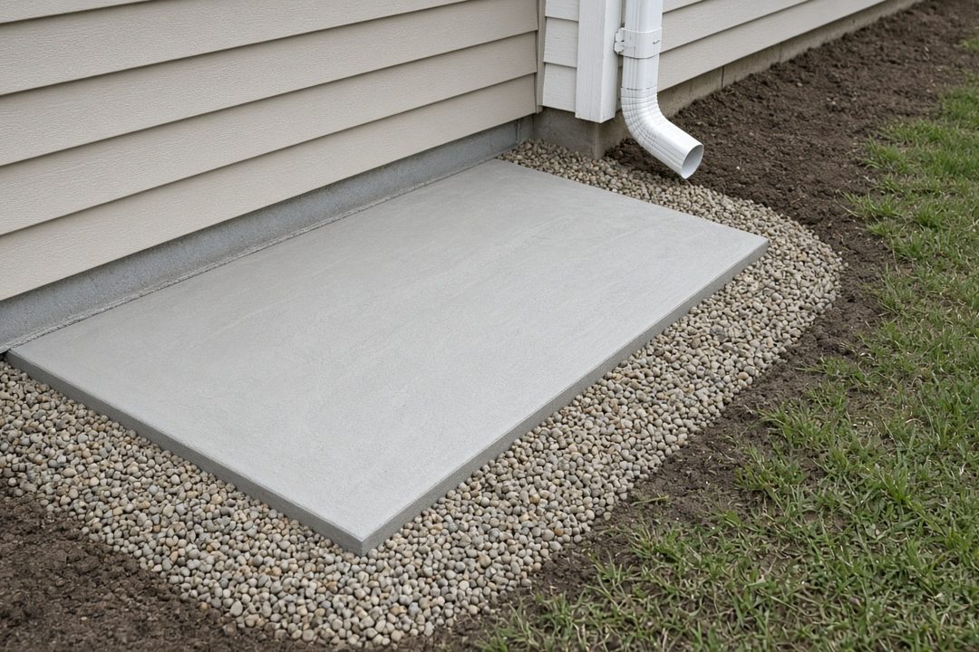 A smooth concrete pad edged with pea gravel beside the siding of a house, with a white downspout at the corner, in Waukee, Iowa