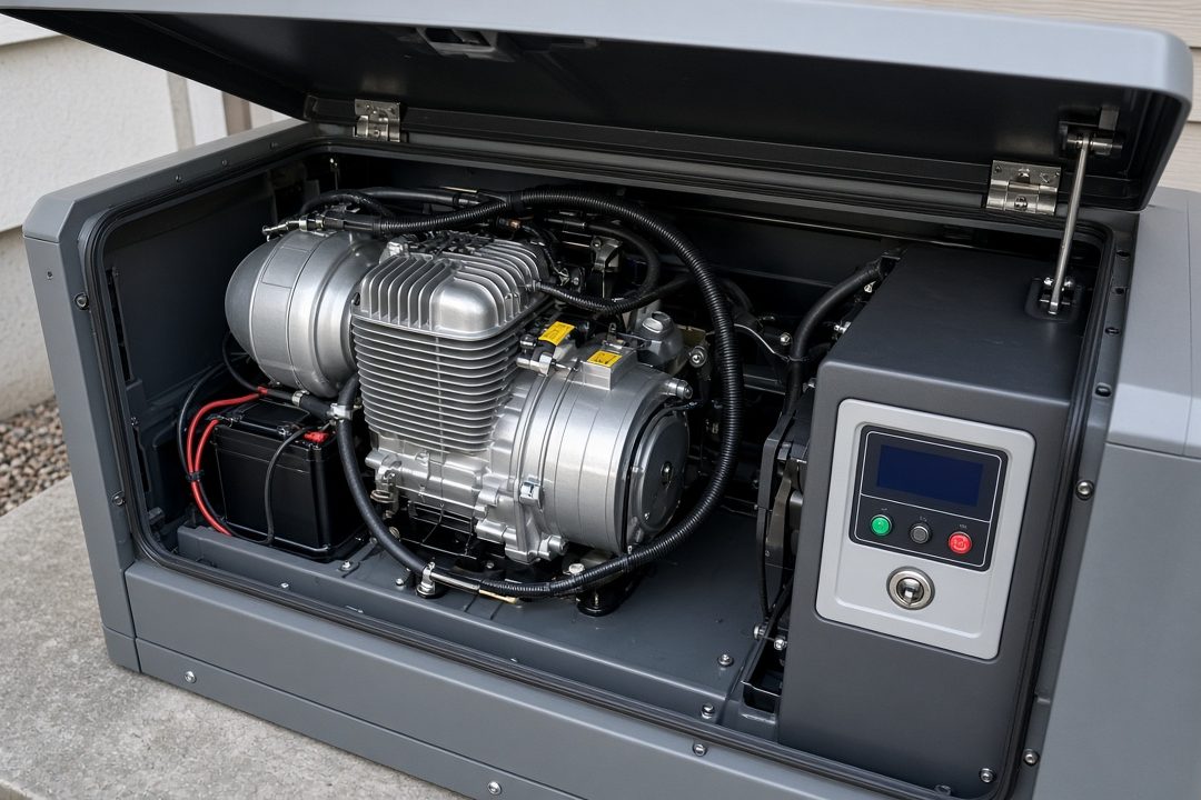 A home standby generator with its lid open, showing the engine, wiring, a battery and a control panel with a small screen, in Waukee, Iowa