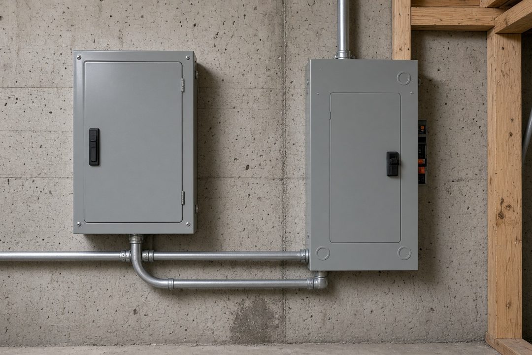 Two gray metal electrical boxes mounted on a concrete basement wall and joined by conduit, in Waukee, Iowa