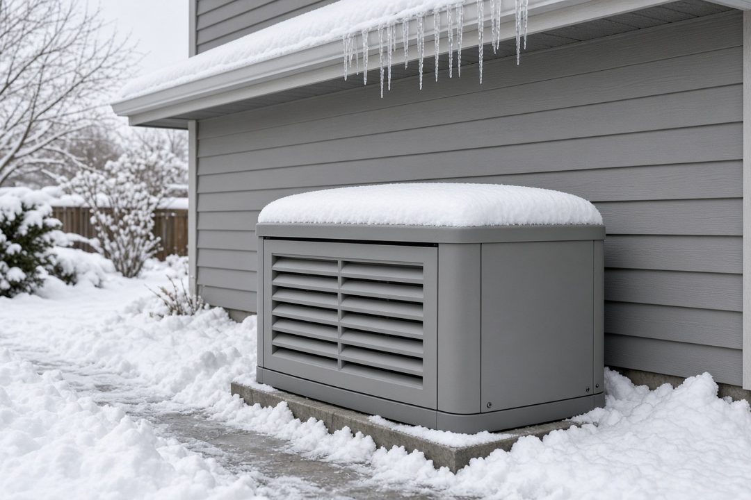 A gray standby generator with snow on its lid beside a house, with icicles on the gutter and a cleared path in the snow, in Waukee, Iowa