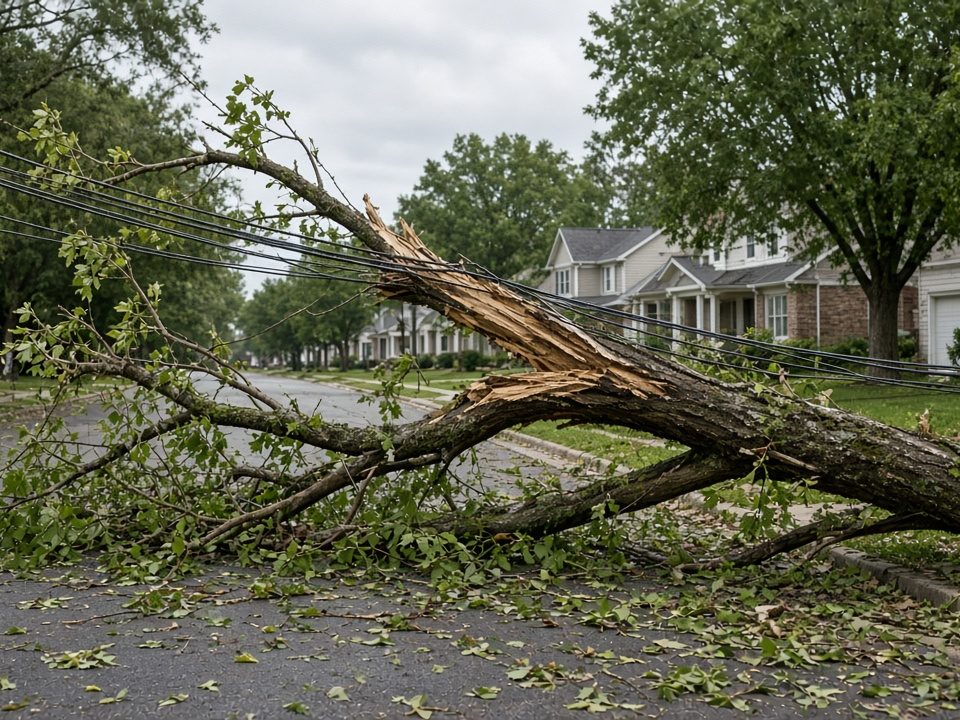 A large broken tree limb lying across a suburban street and caught in overhead wires, with houses behind it, in Waukee, Iowa
