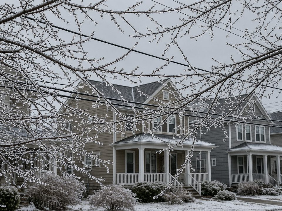 Ice-coated tree branches in front of a row of two-story houses on a gray winter day, in Waukee, Iowa