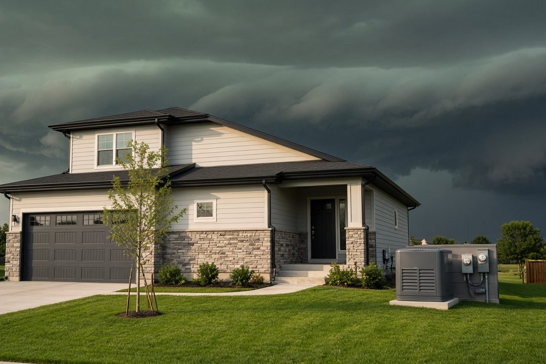 A two-story house with light siding, a stone-veneer front and a dark garage door under a dark green storm sky, with a gray standby generator and two electric meters on a side panel to the right, in Waukee, Iowa