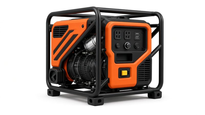 An orange and black open-frame inverter generator in a black tube frame, with outlets and switches on the front panel, in Waukee, Iowa