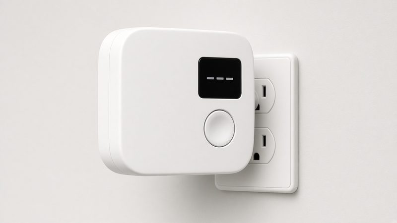 A white plug-in alarm with a small digital display and a round button, plugged into a wall outlet, in Waukee, Iowa