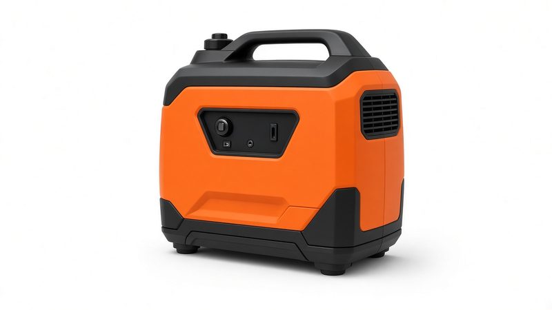 A small closed-case portable inverter generator in orange and black with a carry handle on top, in Waukee, Iowa
