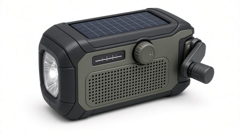 A handheld emergency radio with a solar panel on top, a hand crank, a speaker grille and a flashlight on one end, in Waukee, Iowa
