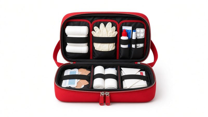 An open red zippered first aid case with pouches holding bandages, gloves and small supplies, in Waukee, Iowa