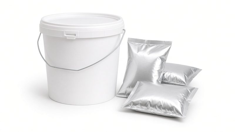 A plain white plastic bucket with a lid and handle, next to three foil meal pouches, in Waukee, Iowa