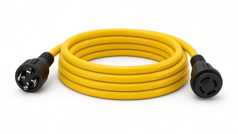 A coiled yellow heavy-duty power cord with a round twist-lock plug on one end and a twist-lock connector on the other, in Waukee, Iowa