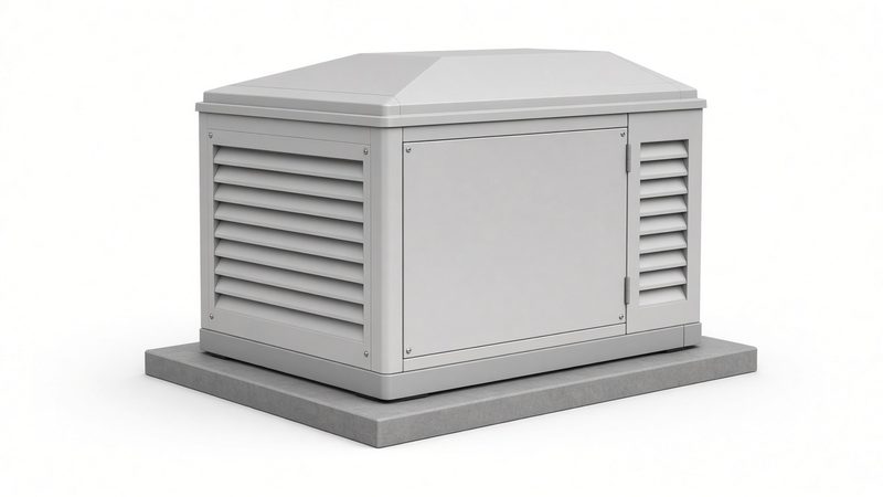 A light gray home standby generator enclosure with louvered side vents, sitting on a flat pad, in Waukee, Iowa