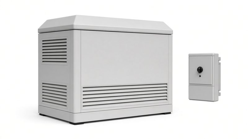 A light gray home standby generator enclosure with side vents, next to a small gray wall-mounted switch box, in Waukee, Iowa