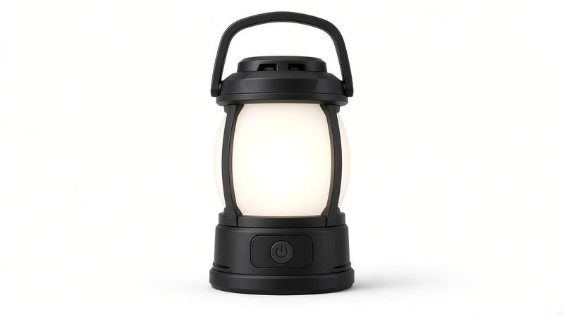 A black LED lantern with a frosted globe and a carry handle on top, glowing warm white, in Waukee, Iowa
