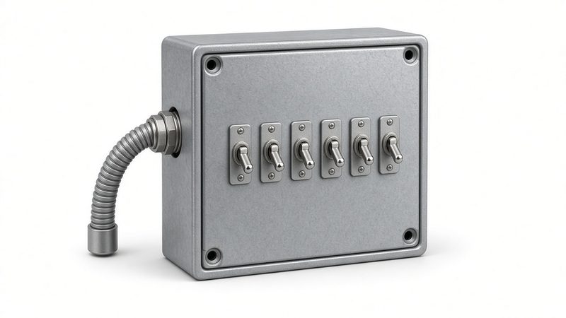 A gray steel box with a row of toggle switches and a flexible metal conduit coming out of its side, in Waukee, Iowa