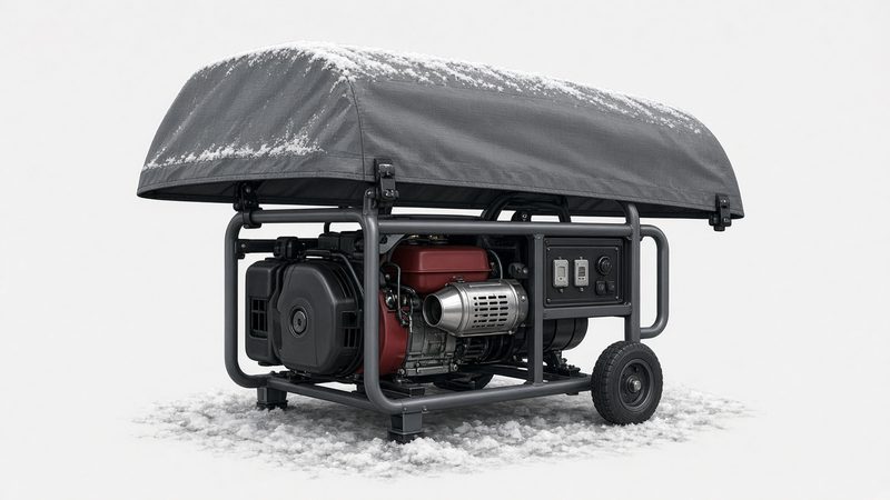 A wheeled open-frame portable generator under a gray fitted cover, on snowy ground, in Waukee, Iowa