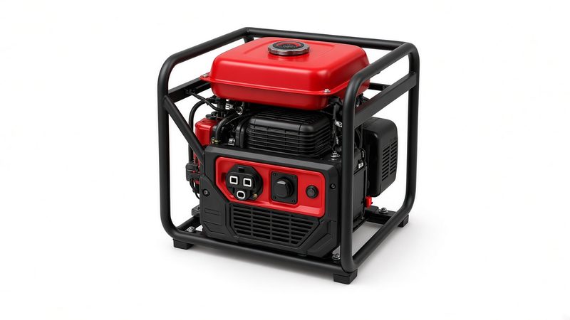 A red and black open-frame gas generator in a black tube frame with the fuel tank on top, in Waukee, Iowa