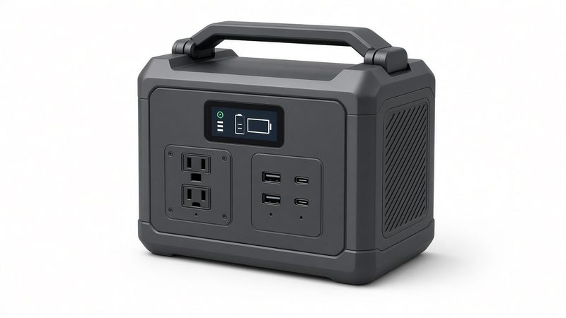 A dark gray portable power station with a carry handle, a small display and AC and USB outlets on the front, in Waukee, Iowa