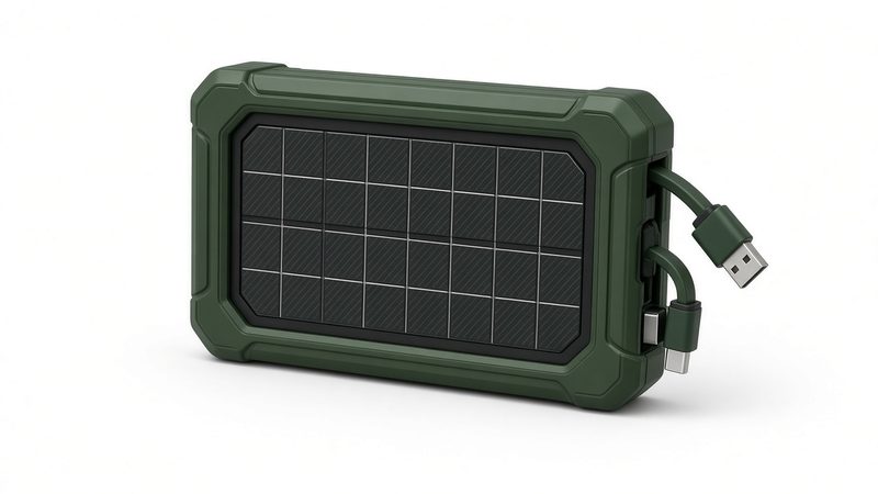 A dark green power bank with a solar panel on its face and a USB cable attached at the side, in Waukee, Iowa