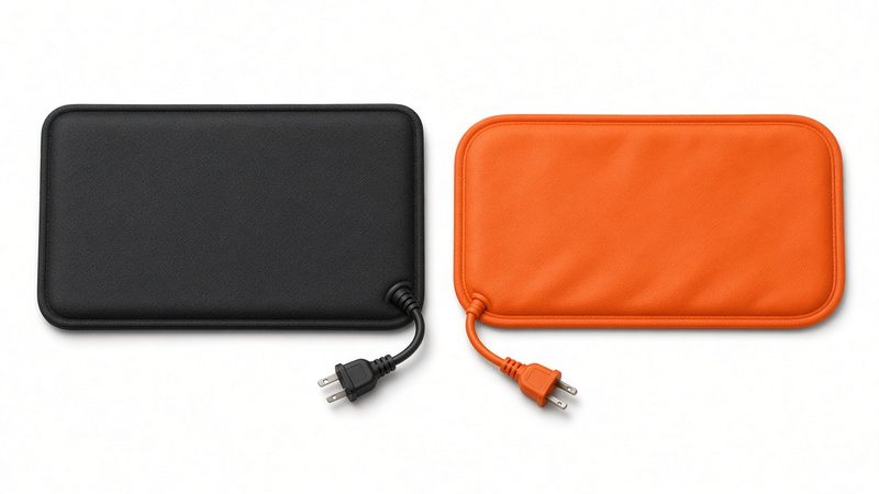 A black heating pad and an orange heating pad, each with a power cord, laid side by side, in Waukee, Iowa