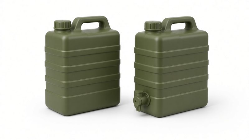Two olive green water jugs with built-in handles, one with a spigot near the bottom, in Waukee, Iowa